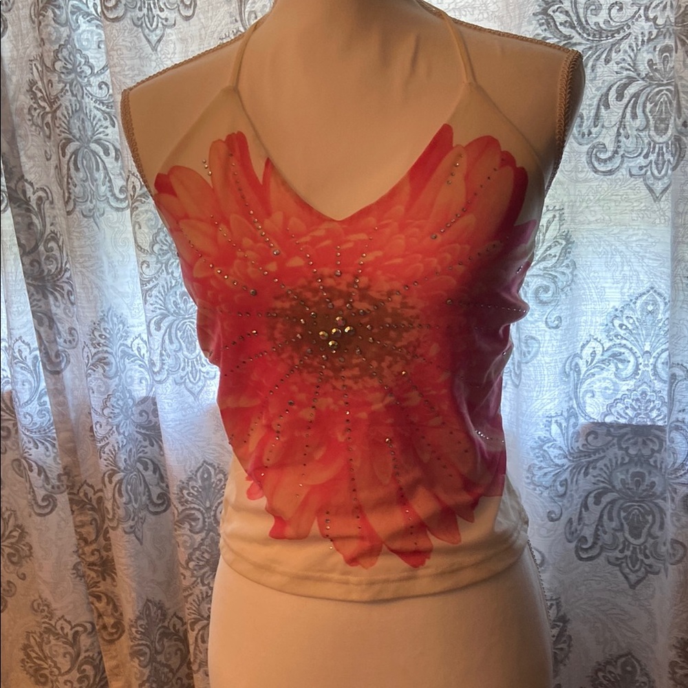 Express White and Pink Fitted Graphic Halter Tank Top
